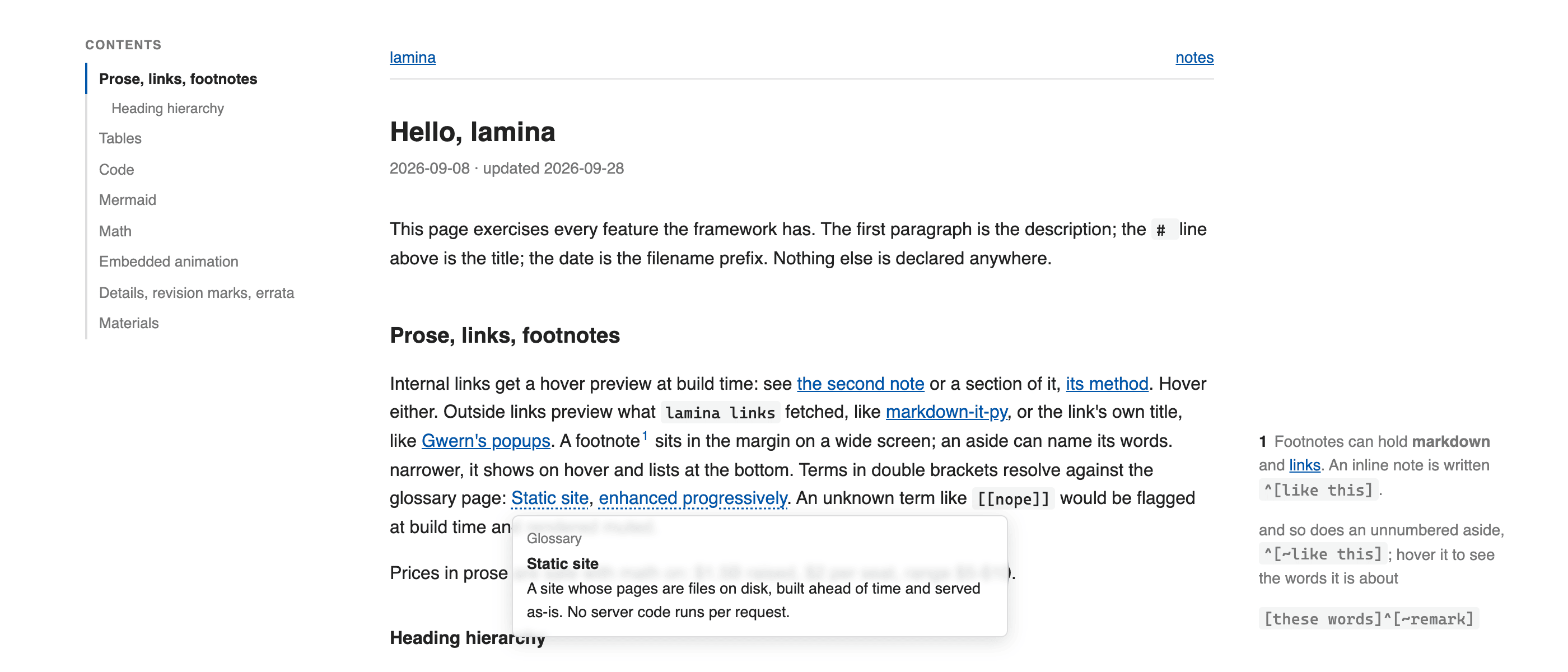 A lamina page with a contents minimap, a glossary preview, and margin notes